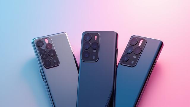 Displayed new smartphones: iPhone 15 Pro, Samsung Galaxy S24 Ultra, and Google Pixel 8 Pro fanned out elegantly.