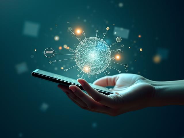 Abstract, futuristic illustration of a friendly AI chatbot interface with glowing data streams, interacting with a user on a mobile device, emphasizing seamless support.