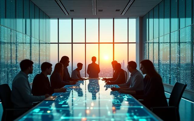 Modern professional office setting with business people collaborating, data projections, and abstract IoT connectivity lines, demonstrating scalable solutions.