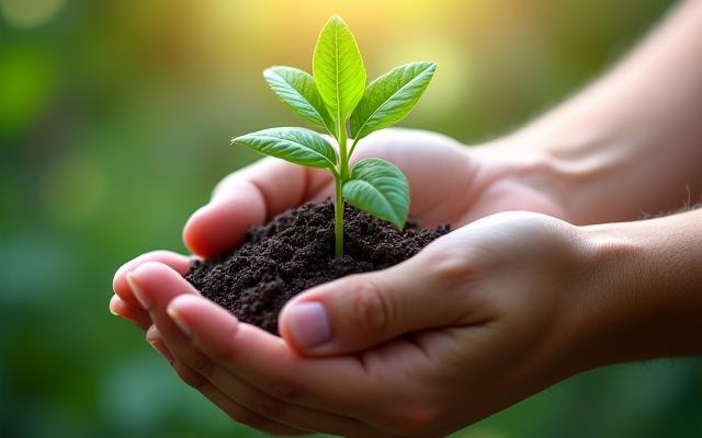 Hands gently holding a small green seedling sprouting from fertile soil, set against a backdrop of a healthy, green environment and subtle digital network lines.