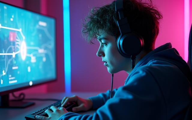 Young person enthusiastically playing a video game on a console, with vibrant neon lights and low latency connectivity symbols around them.