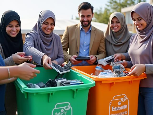 A diverse group of Bahraini community members placing old electronics into recycling bins at an 'E-Waste Drive' event, with signs promoting responsible disposal.
