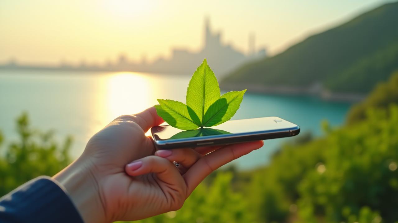 A hand holding a smartphone displaying a verdant leaf, set against a blurred backdrop of Bahrain's lush coastline and modern city skyline under a clear sky, symbolizing green technology and local sustainability.