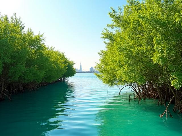 Healthy green mangrove trees thriving in a calm body of water in Tubli Bay, Bahrain, with a clear sky above and modern city outlines in the distant background.
