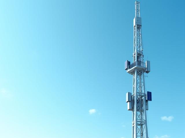 A modern telecommunications tower with solar panels installed on its structure, set against a bright, sunny Bahraini sky, symbolizing renewable energy integration.