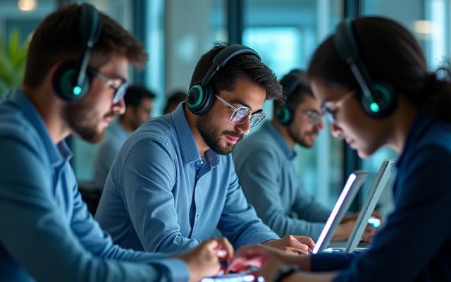 Professional team collaborating remotely using headsets and laptops in a modern office and home setting.