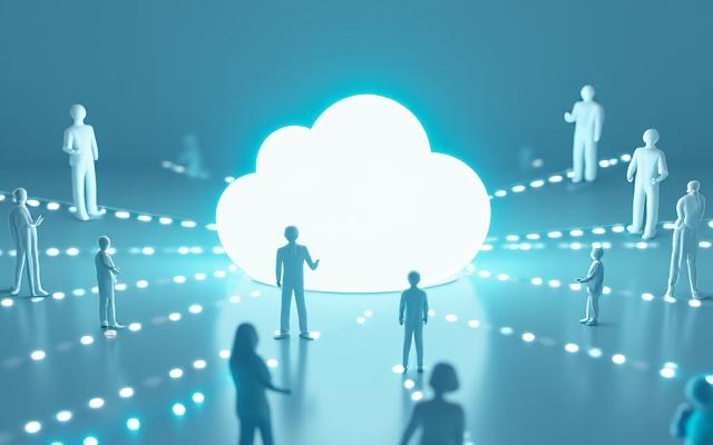Graphic illustrating a central cloud connecting office workers, home workers, and on-the-go professionals via a virtual call center solution.